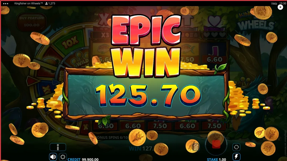 Kingfisher on Wheels slot game interface with a crowned bird and fortune wheel